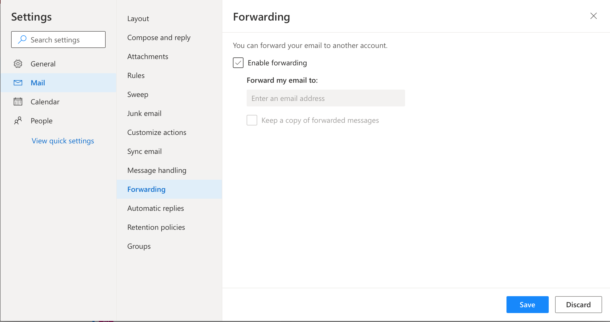 Mail forwarding checkbox selected