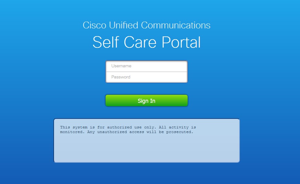 Cisco United Communications Self Care Portal and Sign In page