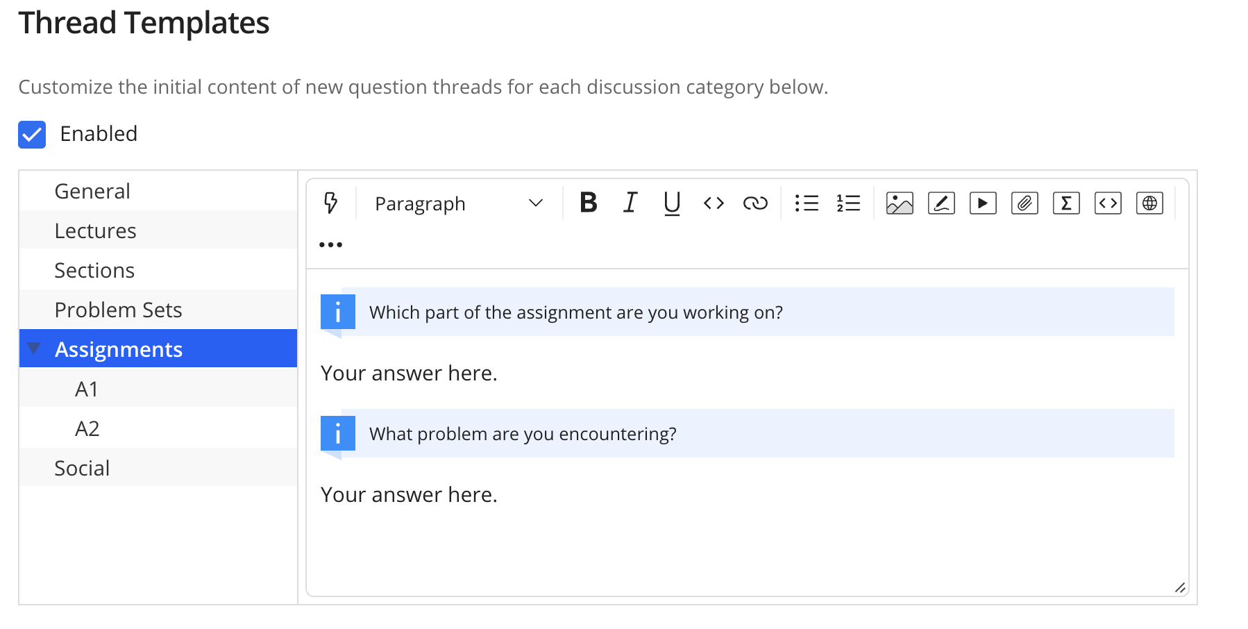 Screenshot of Ed Discussion course settings interface showing where thread templates can be added.