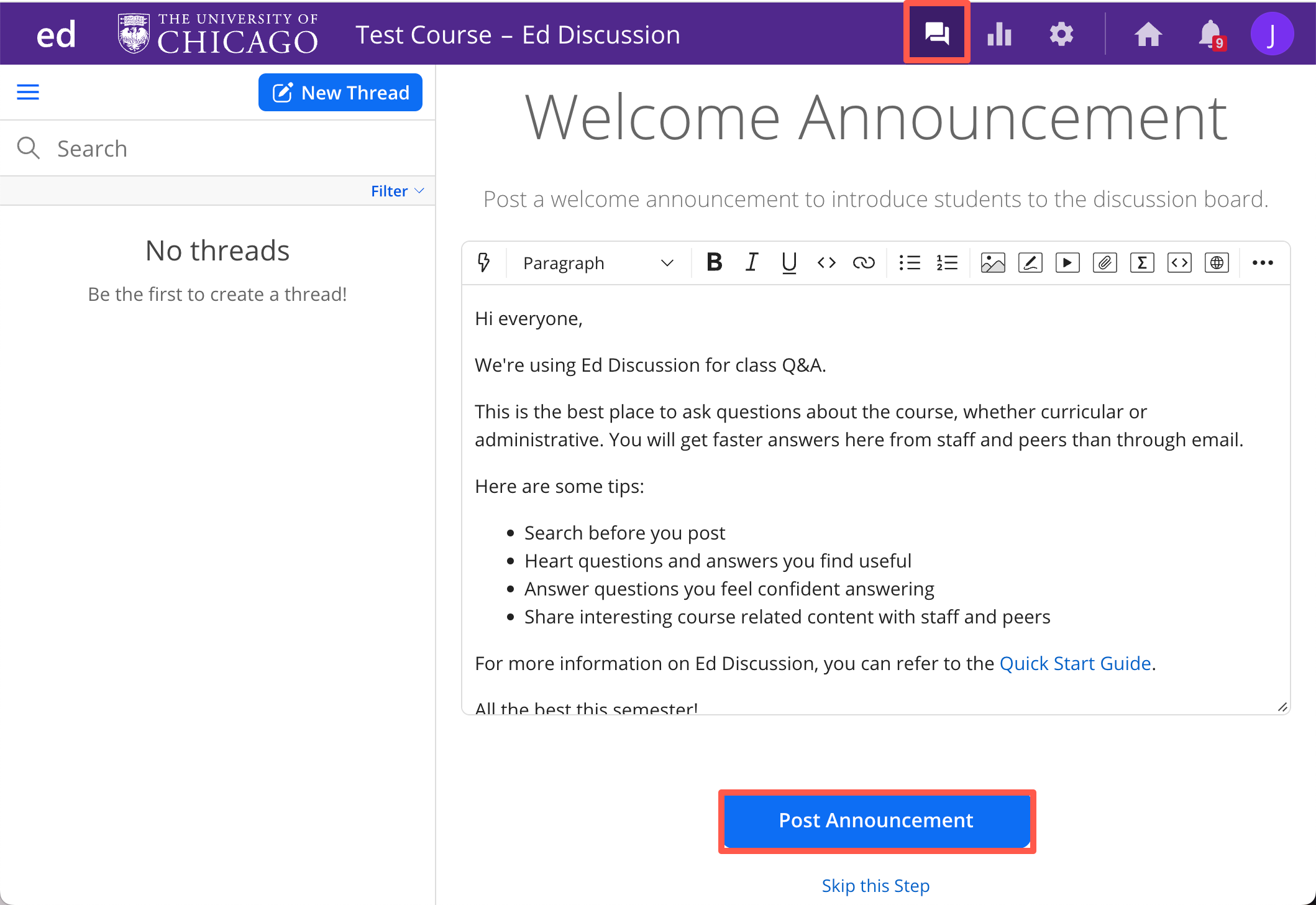 Screenshot of the University of Chicago's Ed Discussion interface showing a draft welcome announcement