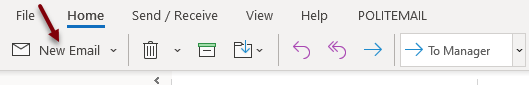 Red arrow points to New Email to the left of the Outlook ribbon