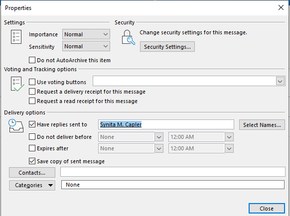 Have replies sent option to field is checked, name selected in the box to the right