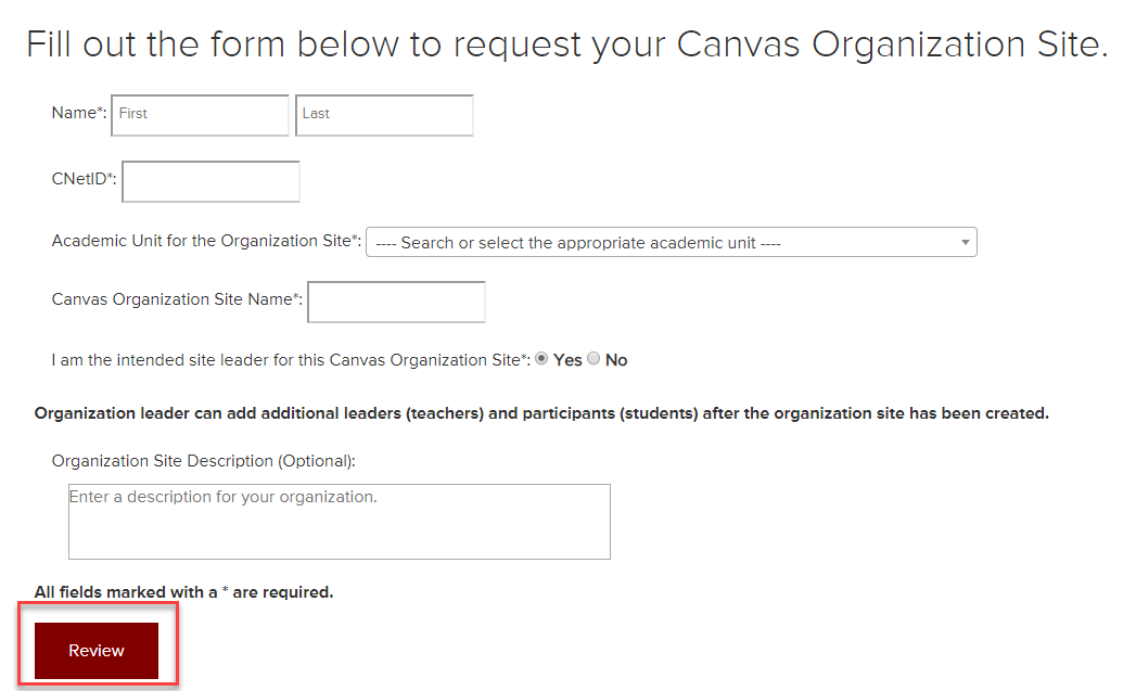 Request Canvas Organization Site