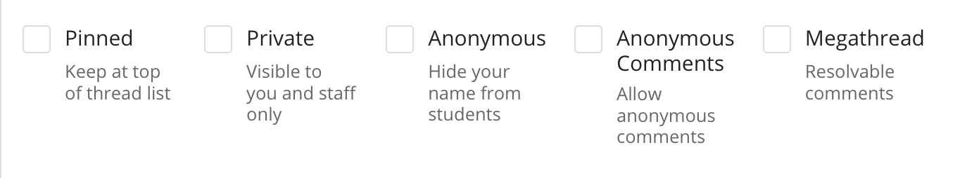 Post options for Ed Discussion including Pinned, Private, Anonymous, Anonymous Comments, and Megathread