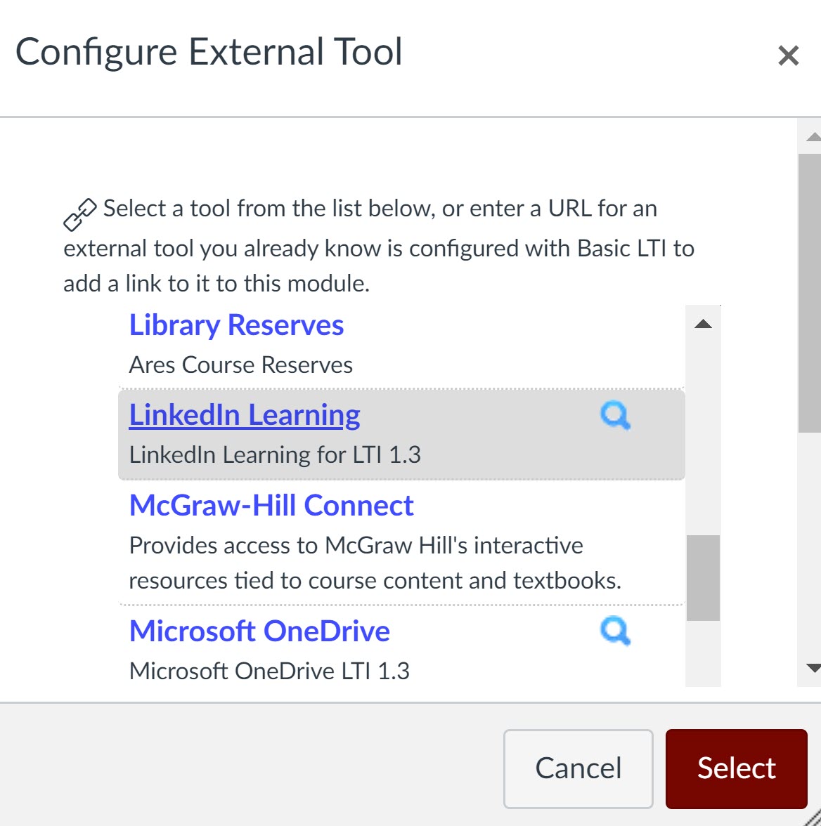 Linked In Learning External tool selection image