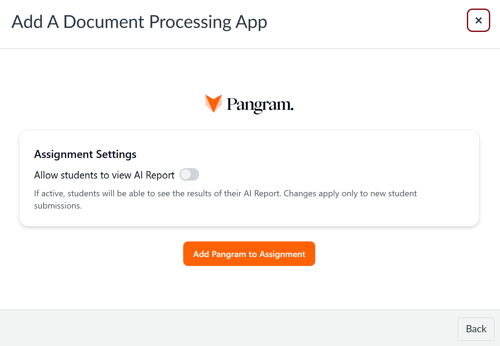 Add Pangram to Assignment dialog box