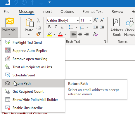 PoliteMail Return Path Option in the Drop-down Menu