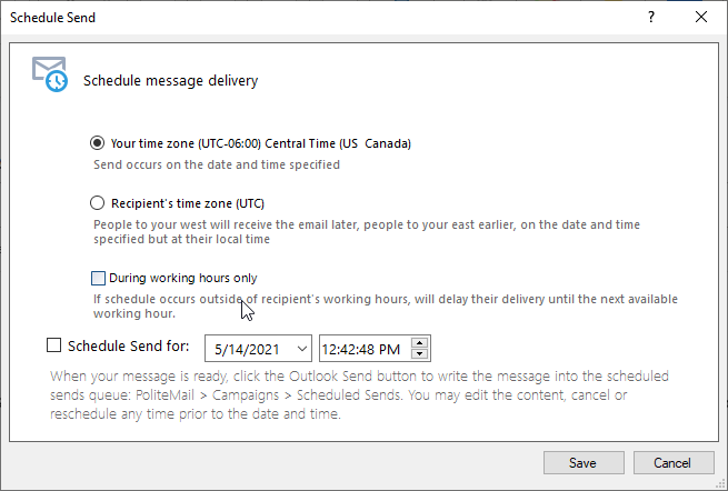 Schedule Send Message Delivery Options Dialog Box