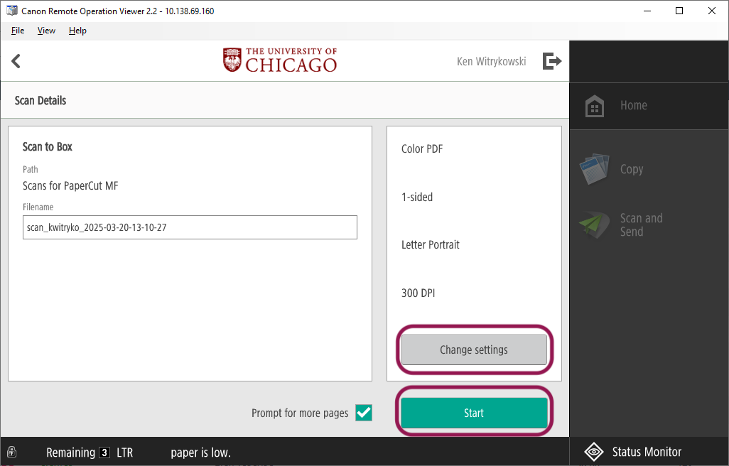Scan settings screen