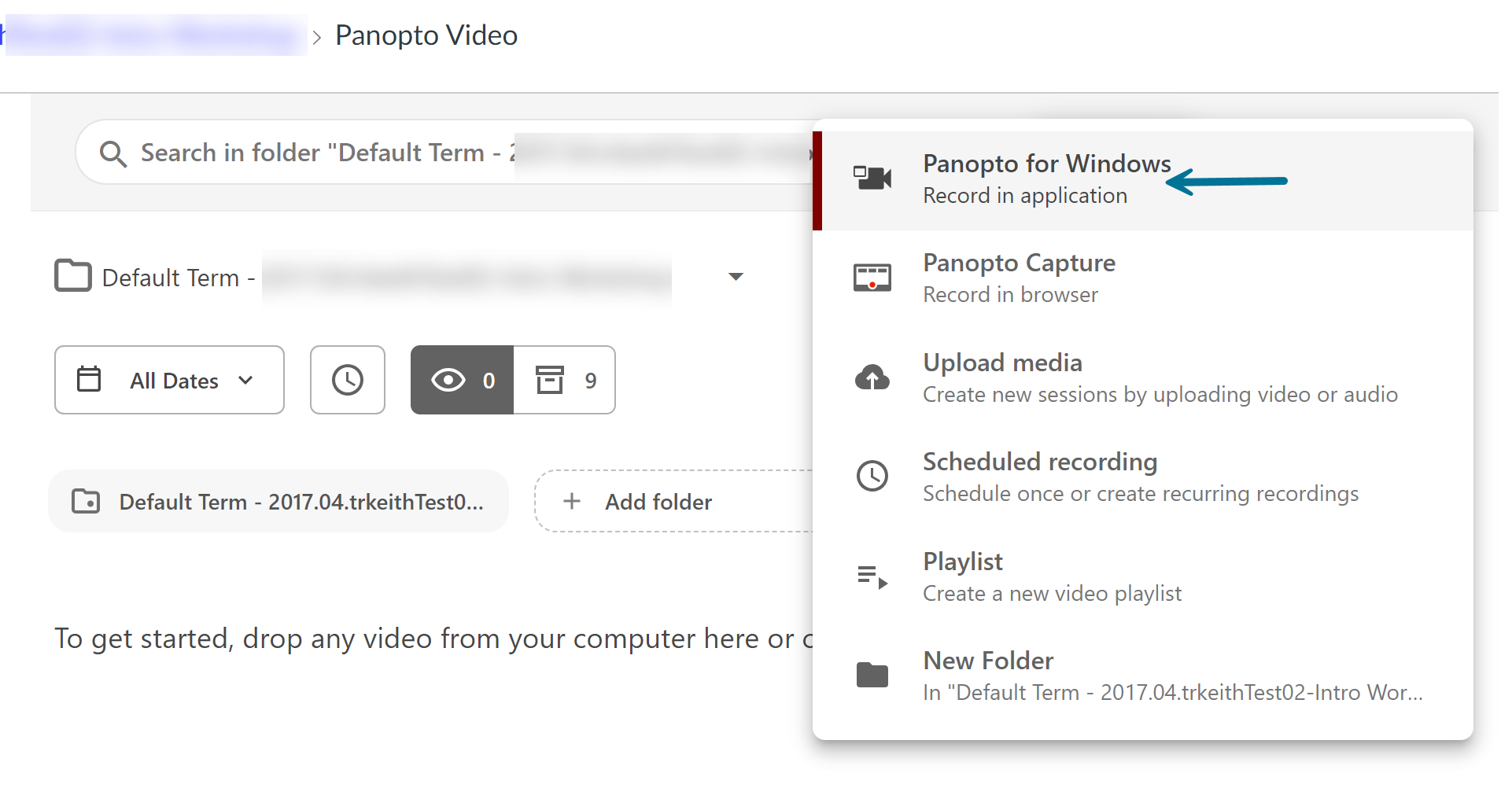 Panopto tab in Canvas. The Create drop-down menu is open and the Panopto for Windows option is indicated with an arrow.