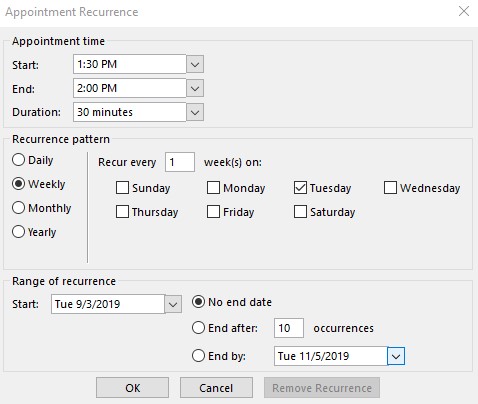 Recurrance settings