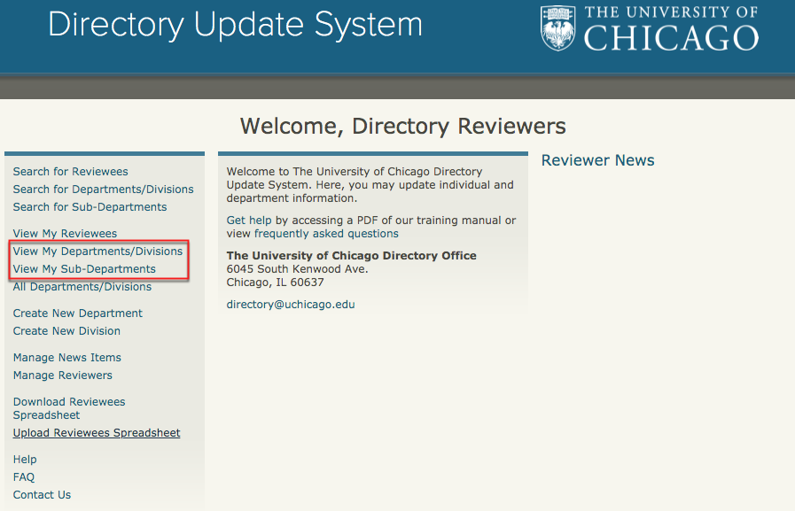 A screenshot of the view my department and view my sub department links.