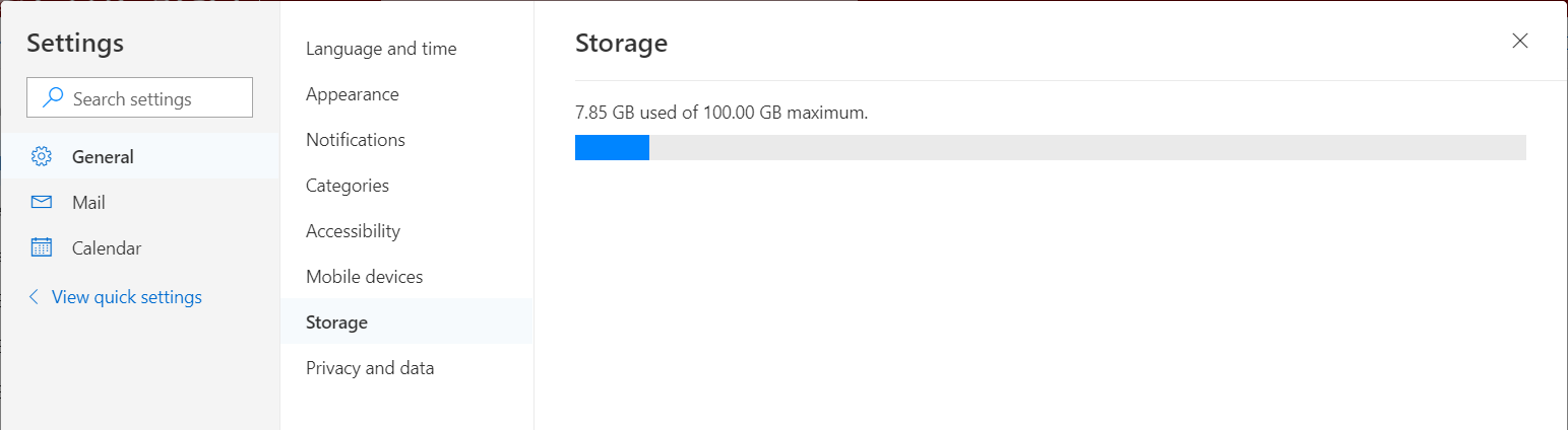 Outlook on the Web  Storage Info