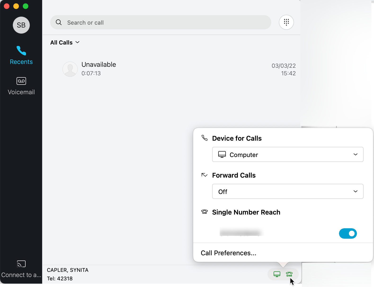 New menu option: device for calls, forward calls, and single number reach