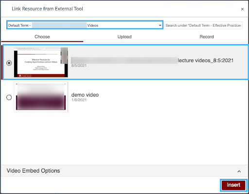 Panopto Insert and then Add Item menu buttons