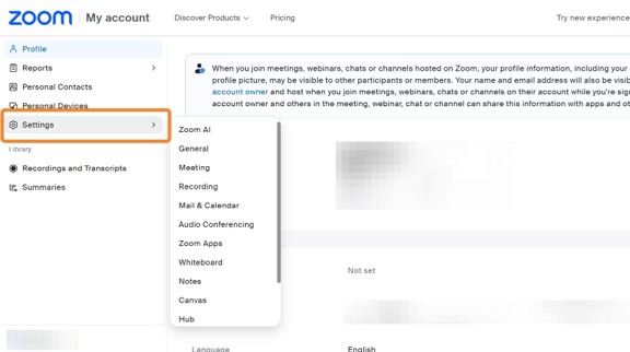 Select settings on the navigation bar