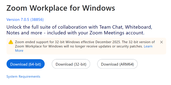 Zoom Workplace for Windows Download button