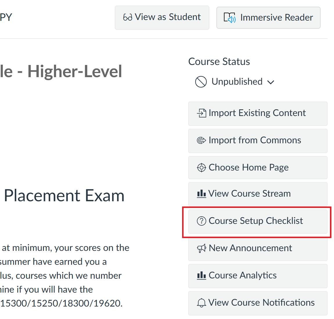 Right-hand menu with Course Setup Checklist indicated