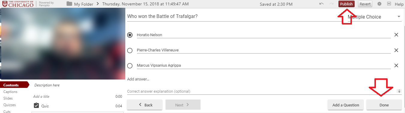 Publish and Done highlighted to publish quiz