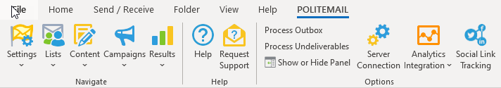 PoliteMail Option and Ribbon