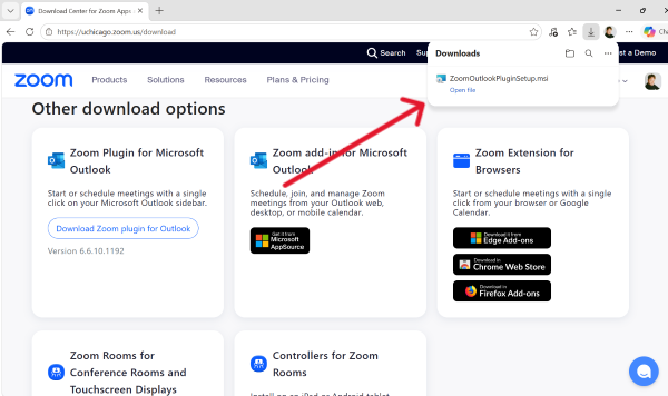 Zoom Outlook Plugin download success in browser