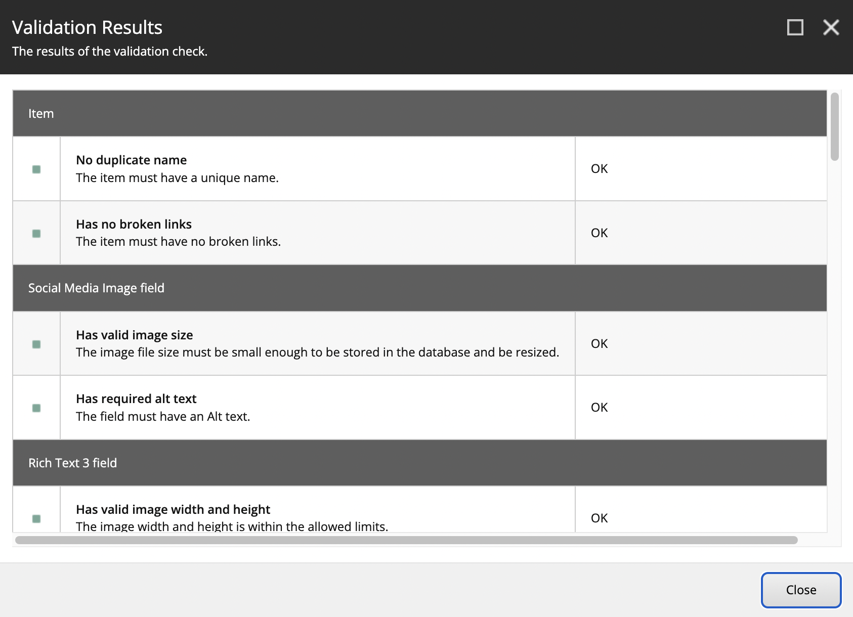 Sitecore Validation Results dialogue box