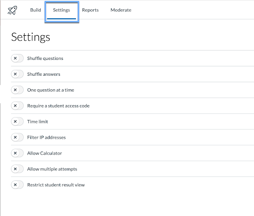 Quiz settings options