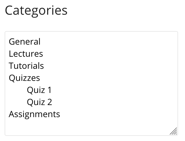 Categories text box in Ed Discussion settings interface