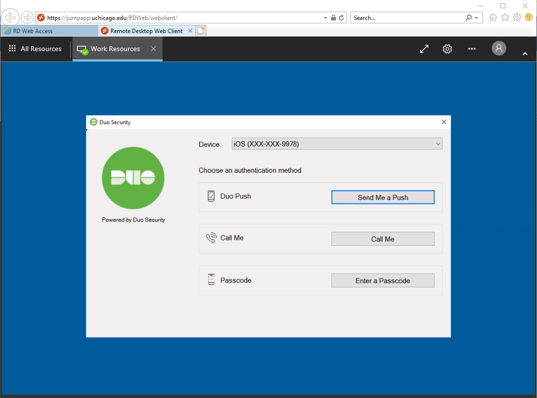 screenashot of Duo authentication screen