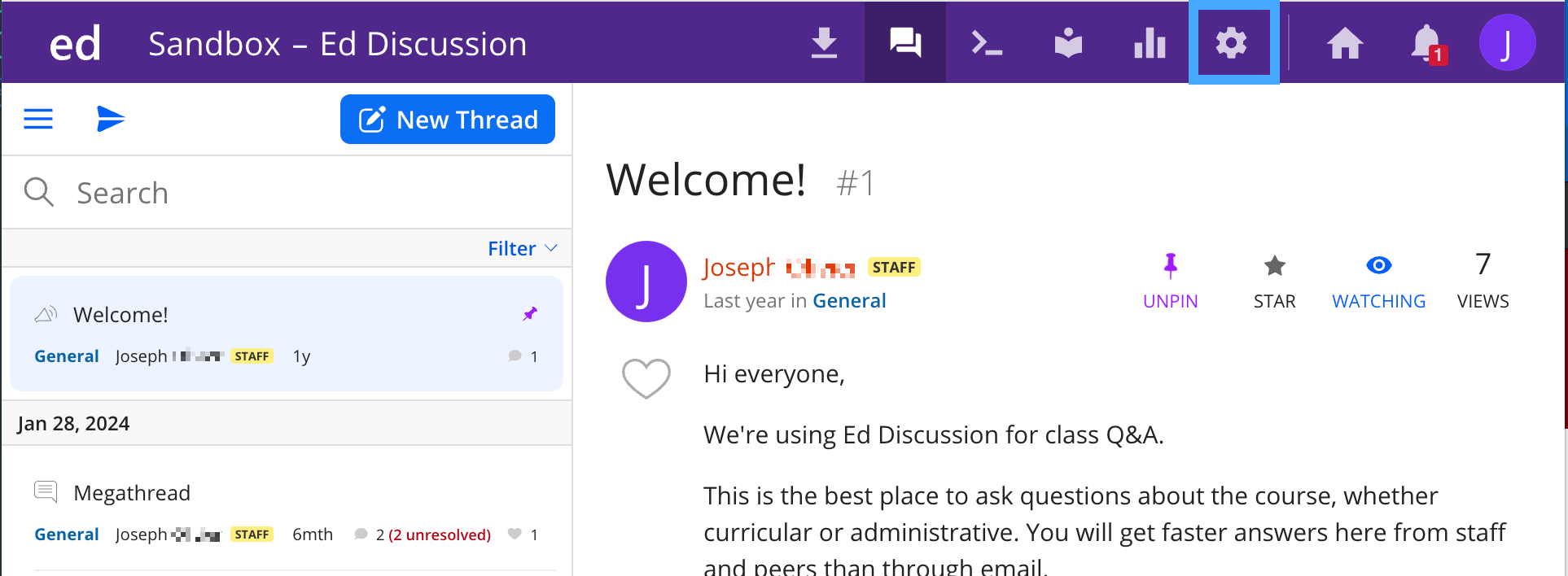 Screenshot of Ed Discussion interface with gear icon button highlighted