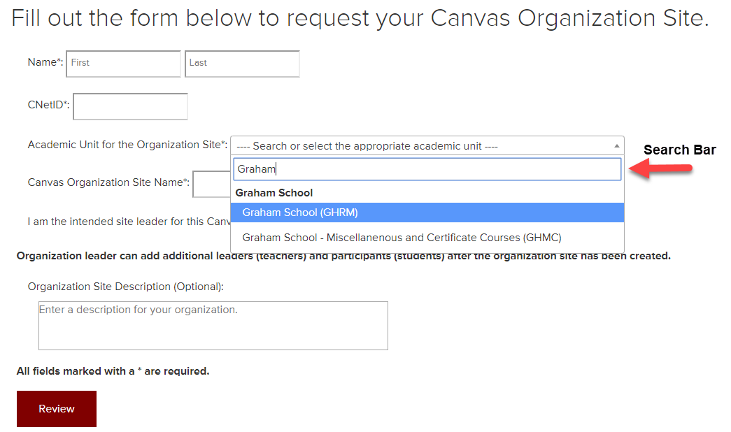 Academic Unit for the Organization Site Selection