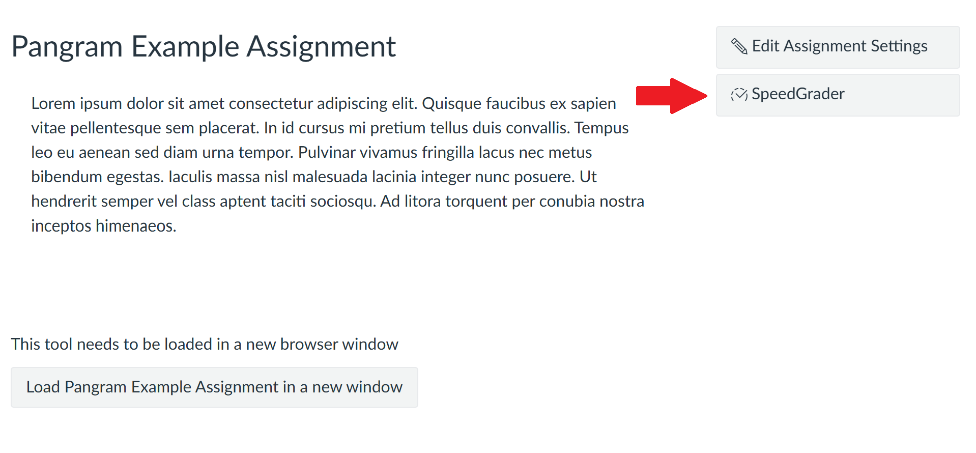 Pangram assignment with SpeedGrader button indicated