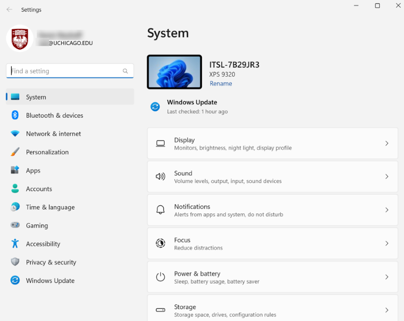 Settings app dashboard