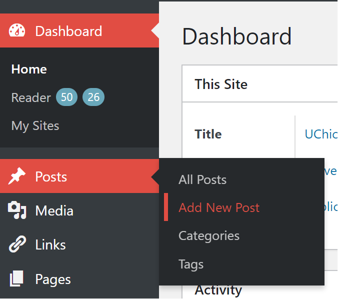 Flyout menu with Add New Post indicated