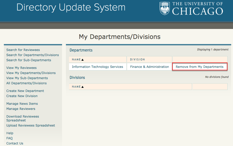 A screenshot of the remove from my department button.