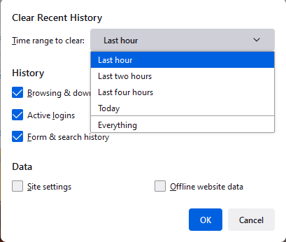 Clear recent history for the last hour