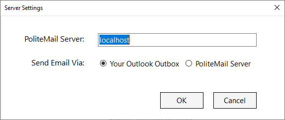 Dialog Box to Change the PoliteMail Server From the Outlook Outbox