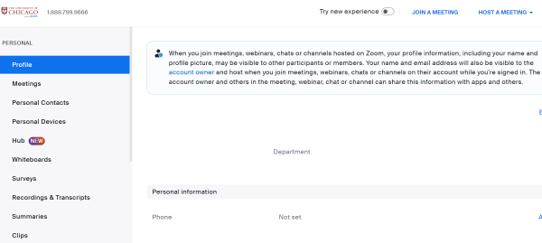Zoom in the Browser personal Profile Page