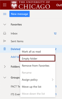 Drop down menu with the option empty folder highlighted