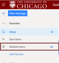 Categories within inbox in a column with Deleted Items highlighted