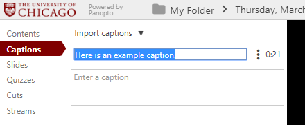 Caption selected for editing