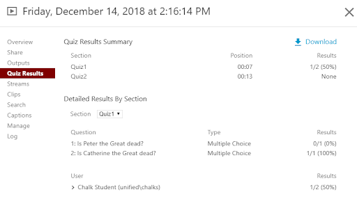 Quiz Results option selected on the Quiz Results Summary 