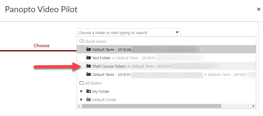 Drop-down menu showing Panopto folders