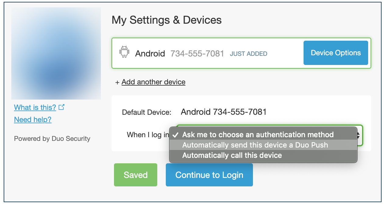 Device selection for Duo authentication