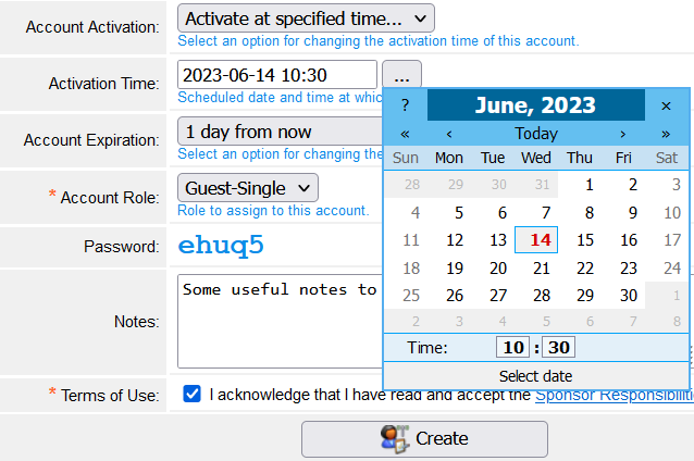 Activation Time Calendar on Create New Guest Account Page