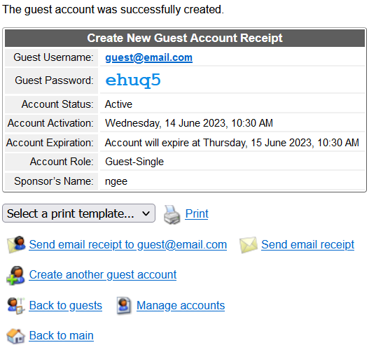 Create New Guest Account Receipt Confirmation Page