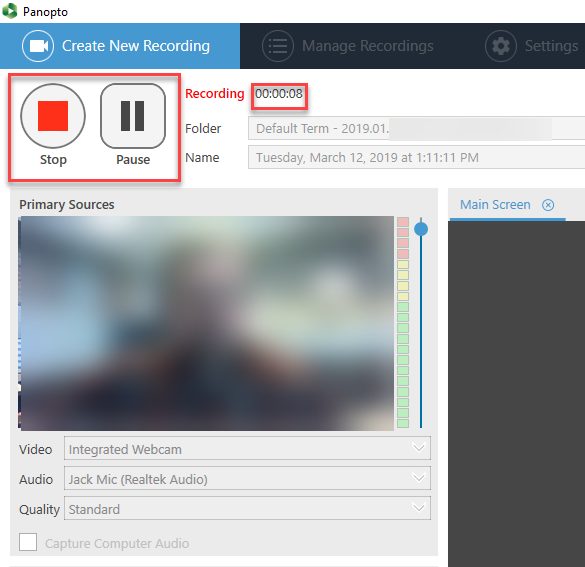 Stop and Pause buttons in Panopto Recorder