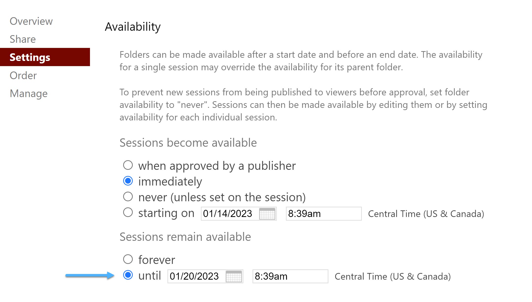 Panopto Settings Menu with Settings Remain Available indicated