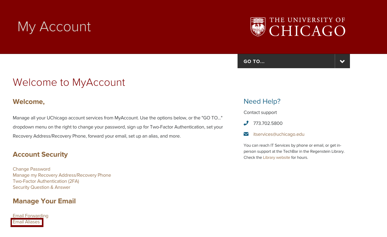Screen to setup email alias