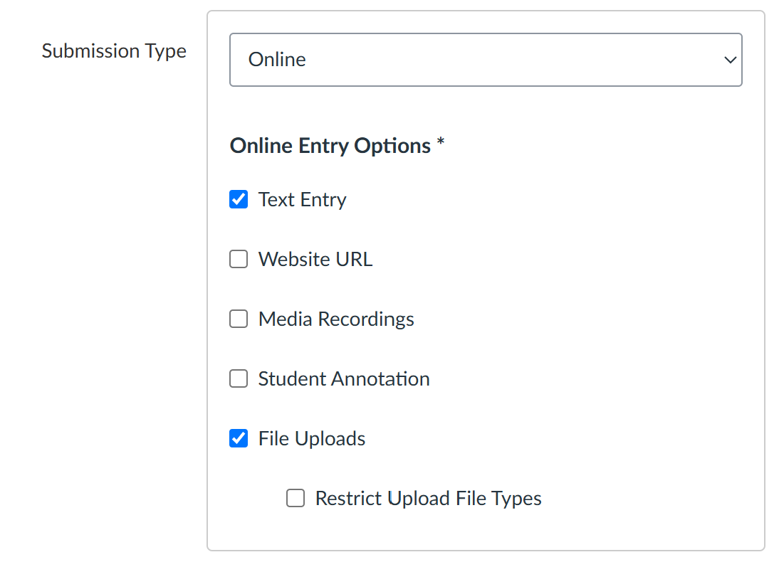 Assignment Submission settings with Text Entry and File Uploads selected